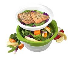 Salter Bw06259 - Vaporiera per Microonde Duosteam con Tecnologia dellAcciaio al Carbonio per Una Cottura Salutare di Verdure, Carne e Pesce con Coperchio in Silicone, Verde, 26.4 x 24 x 12.2 cm