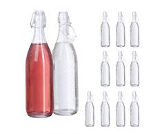 Relaxdays Set 12 Bottiglie in Vetro, Kit di Bottigliette Vuote con Tappo a Molla, Vino, Liquori & Succhi, 1L,trasparente