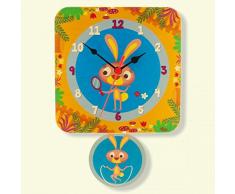 Dida - Orologio a Pendolo da Parete per la Camera dei Bambini, in Legno Decorato con Una Simpatica Coppia di Conigli
