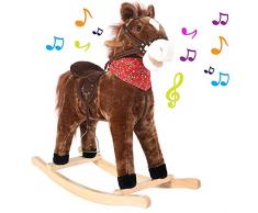 BAKAJI Cavallo a Dondolo per Bambini con Suoni Realistici Struttura in Legno e Tessuto Peluche di qualità Giochi Infanzia (Marrone)