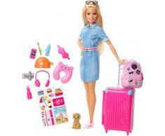 Barbie in Viaggio, Bambola Bionda con Cucciolo, Valigia che si Apre, Adesivi e Accessori, Giocattolo per Bambini 3 + Anni, FWV25
