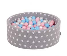 KiddyMoon 90X30cm/300 Palline ∅ 7CM Piscina di Palline Colorate per Bambini Tondo Fabbricato in EU, Grigio Stelle: Azzurro/Rosa Ch/Perla