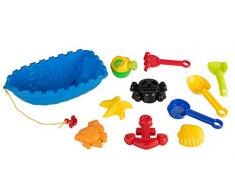 Idena 40115 - Set composto da 2 palette, annaffiatoio, barca, 5 formine e piccola rastrello, per giocare sulla spiaggia e nella sabbiera, 10 pezzi, multicolore
