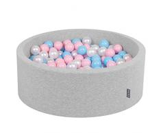 KiddyMoon 90X30cm/200 Palline ∅ 7CM Piscina di Palline Colorate per Bambini Tondo Fabbricato in EU, Grigio Ch:Azzurro/Rosa Ch/Perla