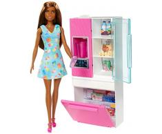 Barbie- Bambola Bruna Playset Arredamento con Frigorifero, Distributore dAcqua e Accessori Giocattolo per Bambini 3+ Anni, GHL85