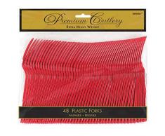 amscan Red Heavy Weight Forks Value Pack-48 PCS Forchette in plastica Pesante, Confezione da 48 Pezzi, Colore: Rosso