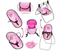 Bayer Design- Accessori per Bambola, 9-in-1 Vario Set, con seggiolone, Borsa, portabebè, Piatto, forchetta, Cucchiaio, Colore Rosa, con Cuori e Corona, 63698AB