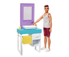 Barbie Playset Il Bagno di Ken, Bambola con Barba Che Appare e Scompare, Lavandino, Specchiera e 4 Accessori, FYK53