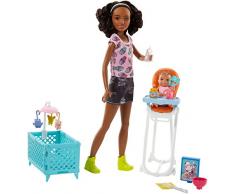 Barbie-Babysitters Pappa e Nanna Playset con Bambola Skipper, Seggiolone, Lettino e Bebè con Boccuccia Cambia Colore, Multicolore, FHY99