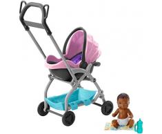Barbie Skipper Afroamericana, Babysitter con Bambola Piccola, Passeggino Rosa e Blue, Copertina e Accessori, Giocattolo per Bambini 3 + Anni, FXG95