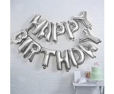 Ginger Ray - Palloncino argentato con scritta Happy Birthday, decorazione per feste, senza elio