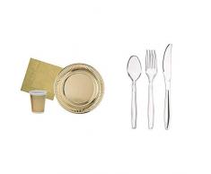 Kit Party Tavola Oro per 24 persone (94 pezzi: 30 piatti carta Ø23cm, 24 bicchieri plastica 200ml) & AmazonBasics - Set di 150 posate in plastica, 50 forchette, 50 cucchiai, 50 coltelli