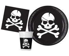 Ciao-Kit Party Tavola Pirati Black Skull persone (88 pezzi piatti Ø23cm, 24 bicchieri plastica 200ml, 40 tovaglioli carta 33x33cm), Single, Multicolore, Y4649