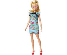 Barbie- Fashionistas Bambola in Brillante Abito Blu con Stampa Floreale, Multicolore, FJF52