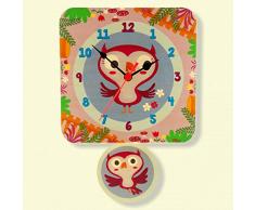 Dida - Orologio a Pendolo da Parete per la Camera dei Bambini, in Legno Decorato con Una Simpatica Coppia di Gufetti