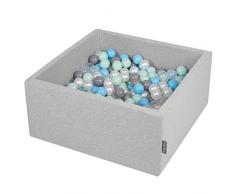 KiddyMoon 90X40cm/200 Palline ∅ 7CM Quadrato Piscina di Palline Colorate per Bambini Fabbricato in EU, Grigio Ch:Perla/Grigio/Trasparente/Azzurro/Menta