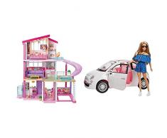 Barbie Casa dei Sogni per Bambole con 8 Stanze, Garage, Scivolo, Piscina &FVR07 Bambola con Fiat 500, Macchina con Dettagli Realistici, Portiere Apribili