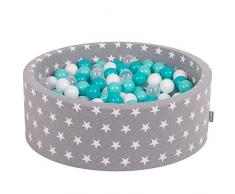 KiddyMoon 90X30cm/300 Palline ∅ 7CM Piscina di Palline Colorate per Bambini Tondo Fabbricato in EU, Grigio Stelle: Turchese Ch/Bianco/Trasp./Turchese