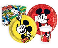Kit Party Tavola Mickey Super Cool 90° compleanno per 8 persone (44 pezzi: 8 piatti carta Ø23cm, 8 piatti carta Ø20cm, 8 bicchieri plastica 200ml, 20 tovaglioli carta 33x33cm)