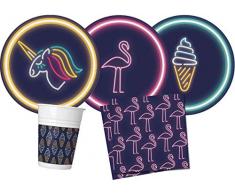 Kit Party Tavola effetto Neon (unicorno, fenicottero, gelato) per 8 persone (36 pezzi: 8 piatti carta Ø23cm, 8 bicchieri plastica 200ml, 20 tovaglioli carta 33x33cm)