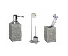 Set: Dispenser, bicchiere portaspazzolini e piantana portarotolo Granite con portascopino